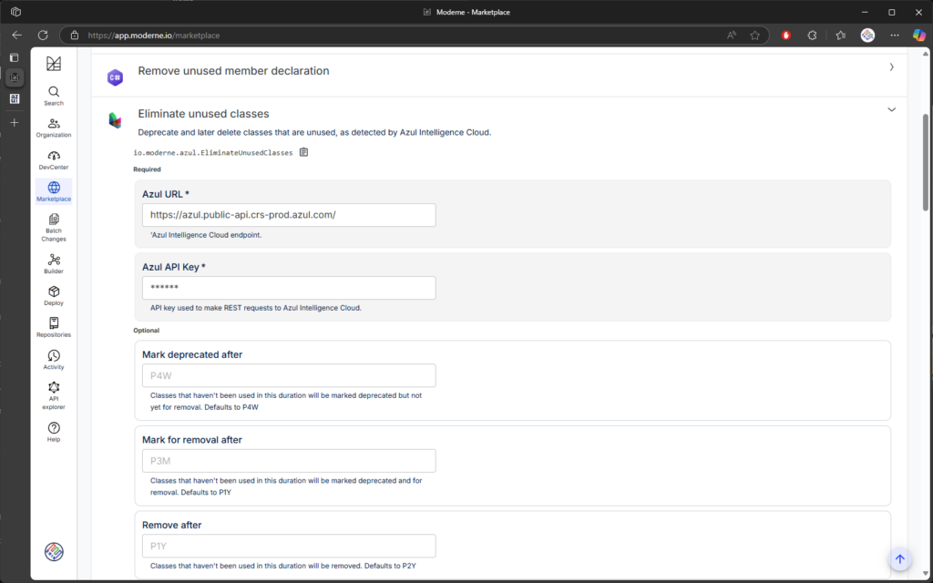 SCREENSHOT - Connect the OpenRewrite instance to the application's repository and copy a few parameters from Azul.
